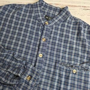Lee Valley Ireland Grandfather Shirt XL Blue Plaid Cotton Flannel Band Collar